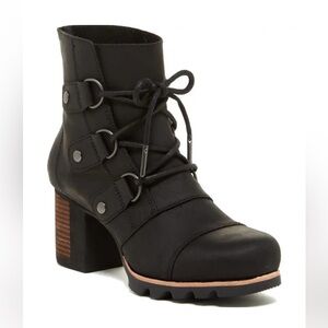 Sorel Addington Waterproof Lace Up Bootie Black Leather Heeled Ankle Boot NL2360